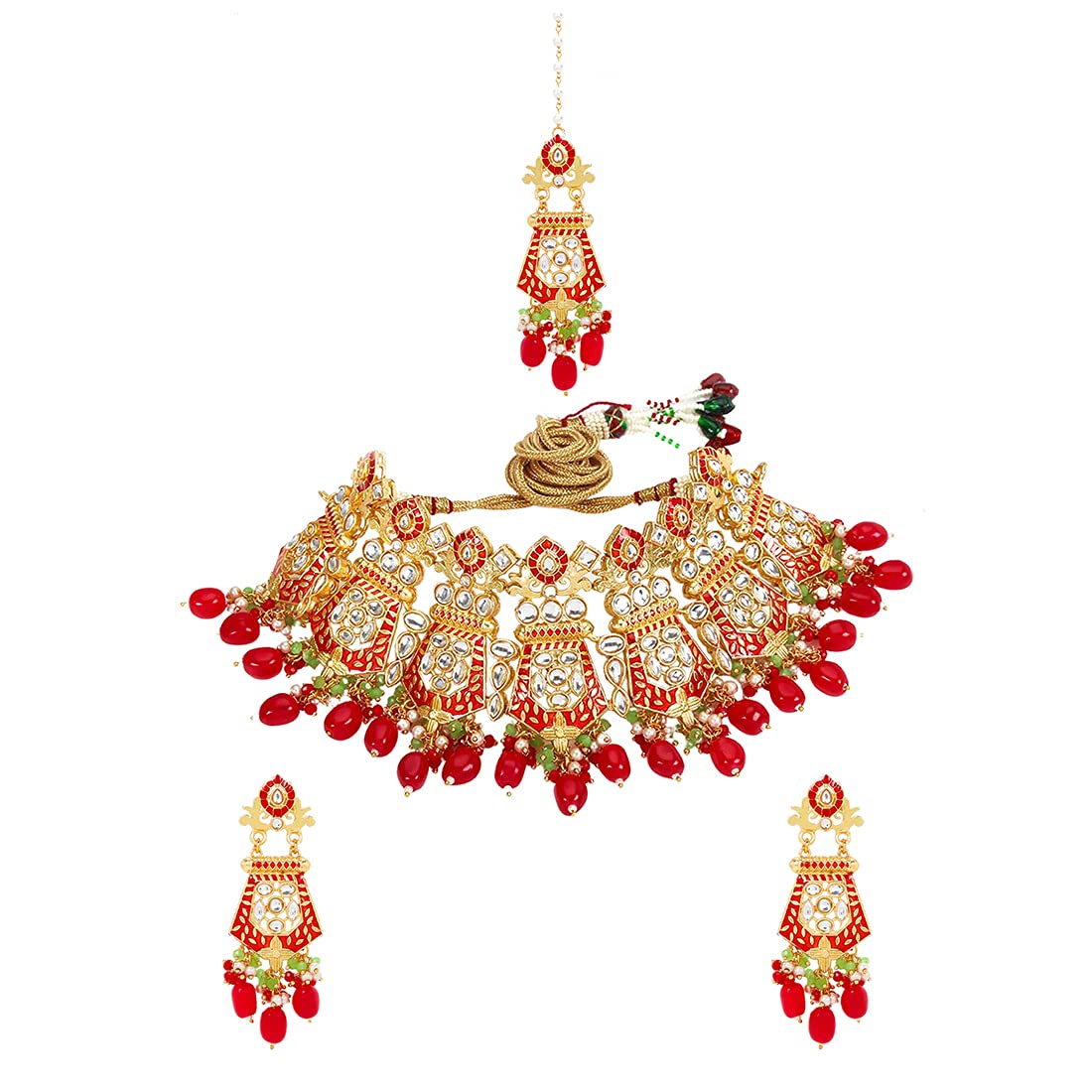 Yellow Chimes Ethnic Gold Plated Kundan Red Beads Design Jewellery Set Multicolour Meenakari Choker Necklace Set with Earrings and maang Tikka for Women and Girls