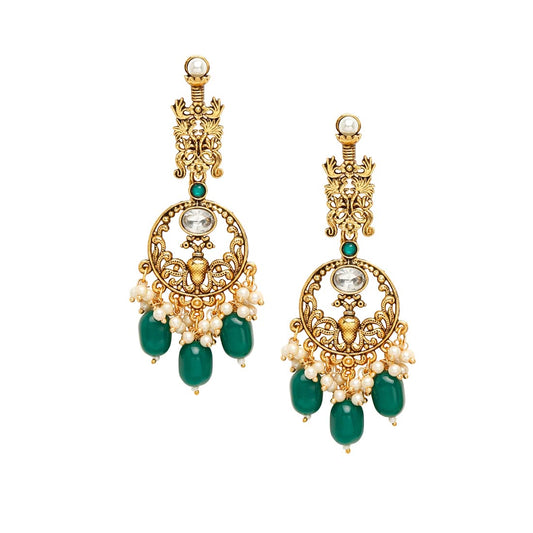 Yellow Chimes Earrings for Women Oxidised Gold Pearl Crystal Studded Green White Beads Drop Dangler Drop Earrings for Women and Girls