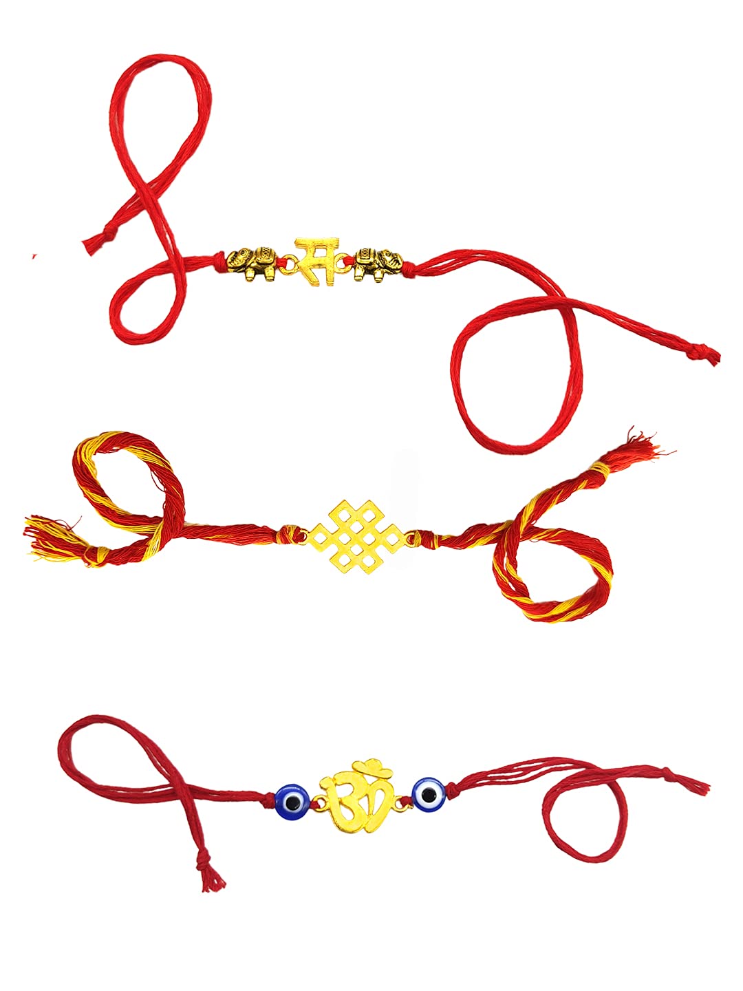 Yellow Chimes Combo of 3 Pcs Handmade Dori Worked Gold Toned OM Initial Letter S and Celtic Design Evil Eye Beads Rakhi for Brother with Roli & Chawal, Red, Gold, Medium (YCTJRK-29BHAY-GL)