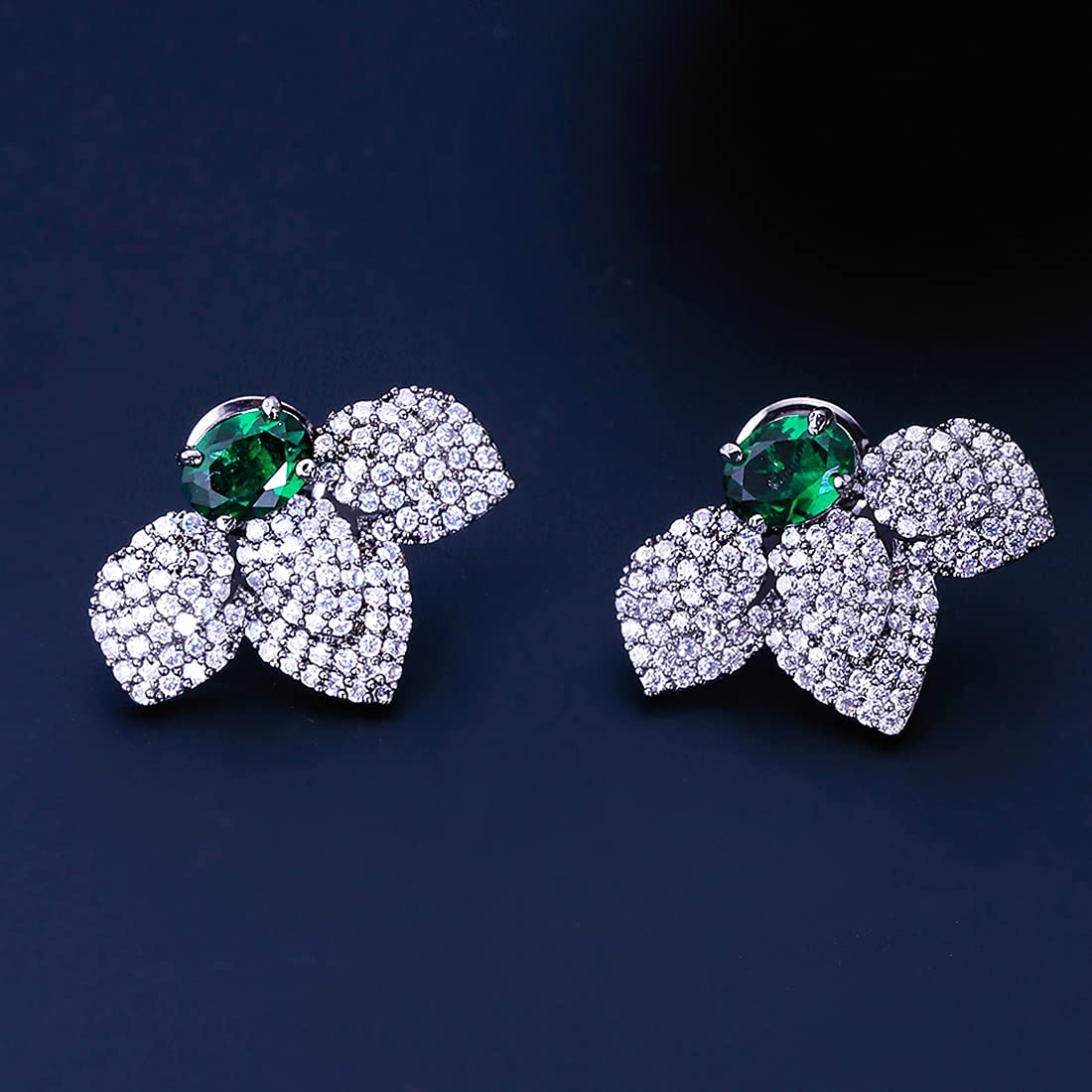 Yellow Chimes Classic AD/American Diamond Studded Black Rhodium Plated Green Flower Stud Earrings for Women and Girls, Medium