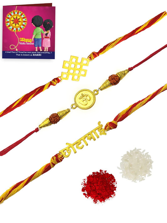Yellow Chimes Combo of 3 Pcs Handmade Dori Worked Gold Toned OM Chota Bhai and Celtic Design Rakhi for Brother with Roli & Chawal, Red, Gold, Medium (YCTJRK-19BHAY-GL) for Men