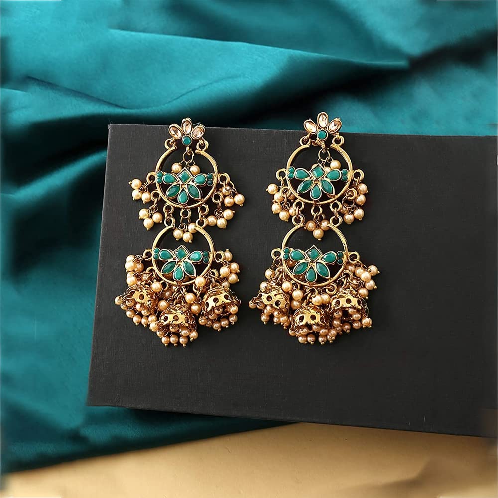 Yellow Chimes Chandbali Earrings for Women Gold Plated Traditional Earrings Green Kundan Studded Long Chand bali Earrings for Women and Girls