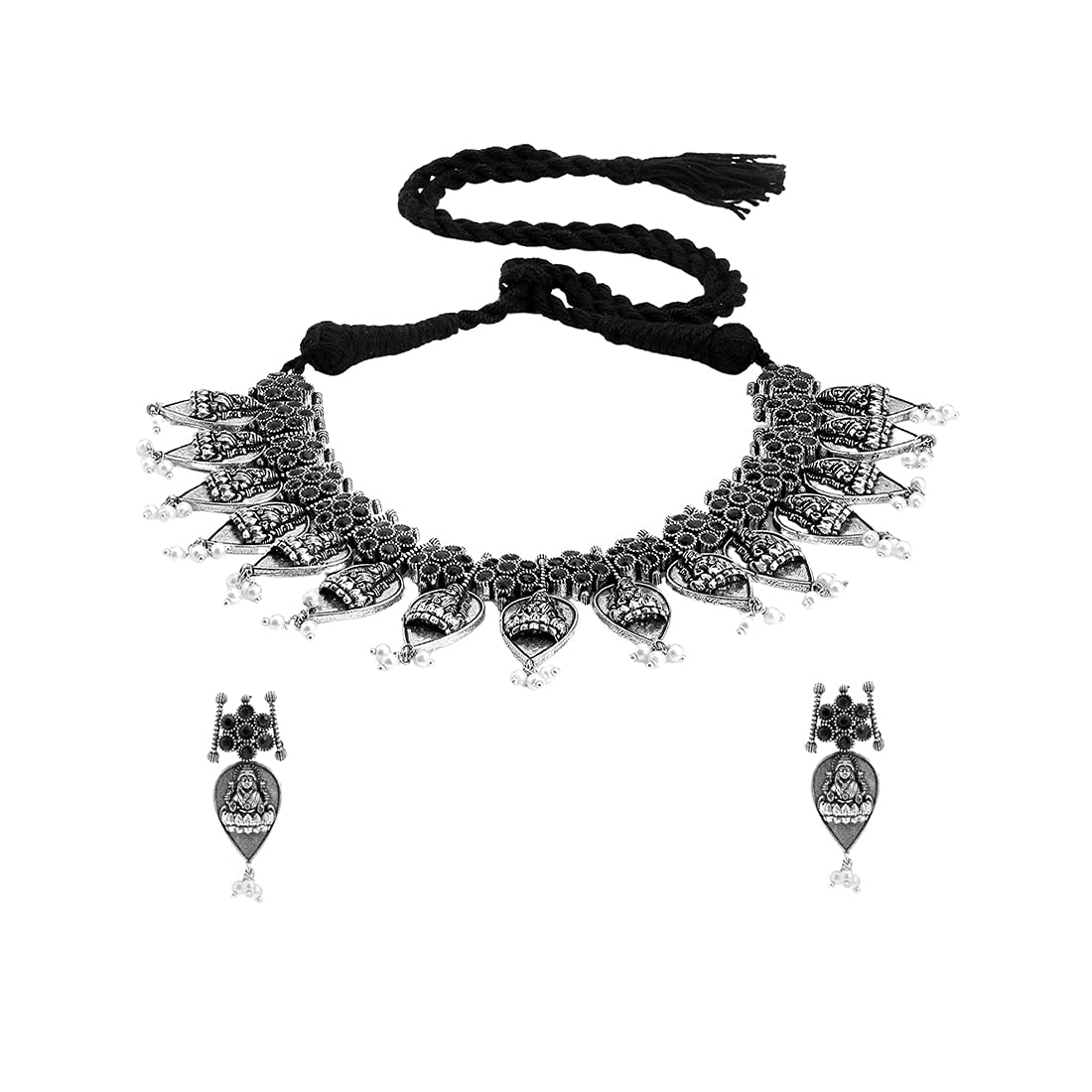 Yellow Chimes Ethnic German Silver Oxidised Black studded stones White pearl moti Design Lakshmi Choker Necklace Set with Earrings Traditional Jewellery Set for Women and Girls, Medium