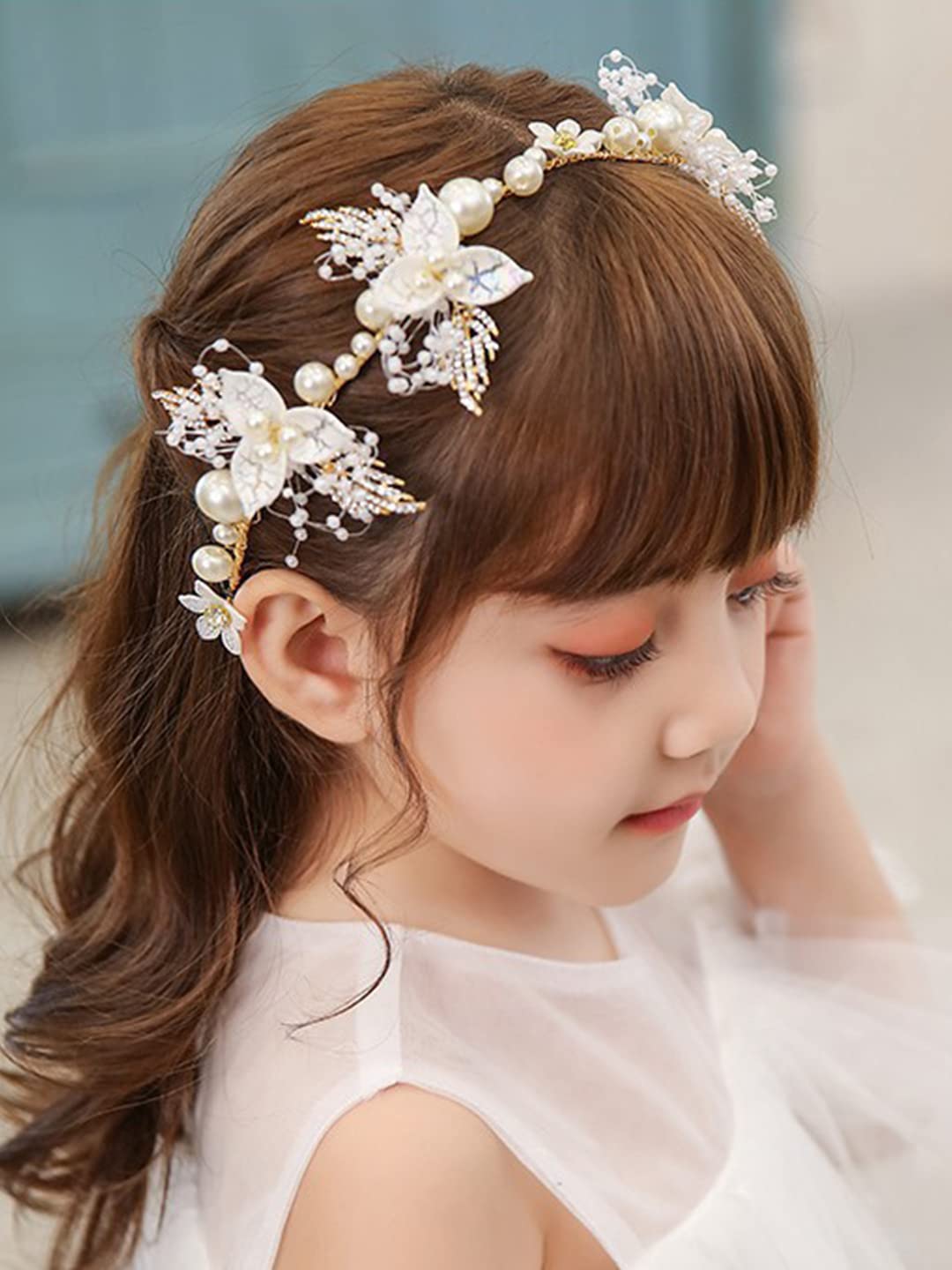 Yellow Chimes White & Gold-Toned Pearl Beaded Classic Fashionable Hair Band Hair Jewellery for Woman & Girls