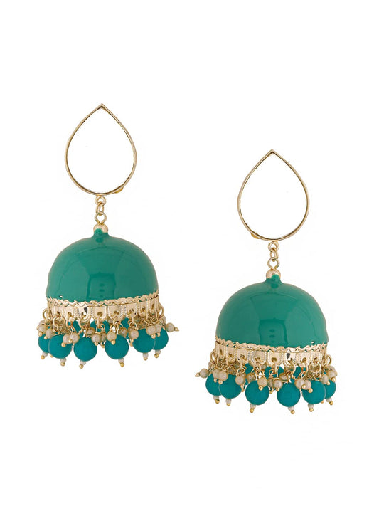 Yellow Chimes Earrings for Women Gold Toned Pearl Drop Mirror Finished Green Meenakari Jhumka Earrings for Women and Girls