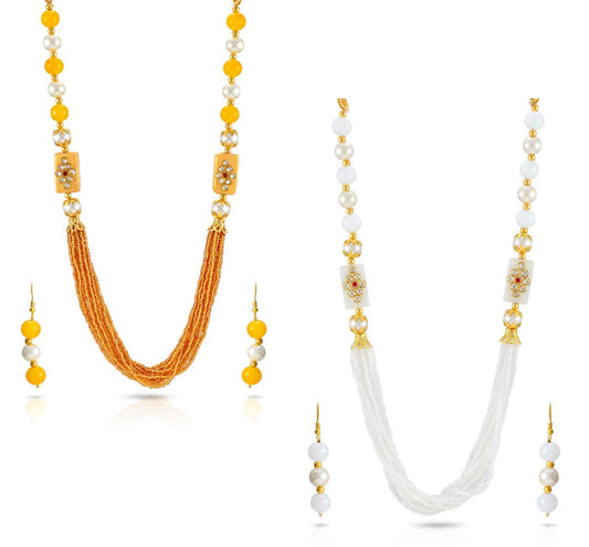 Yellow Chimes jewellery Set for Women Rajasthani Beads Worked 2 Pcs Combo MultiLayered Traditional Necklace Set With Earrings for Women and Girls (White,Gold)