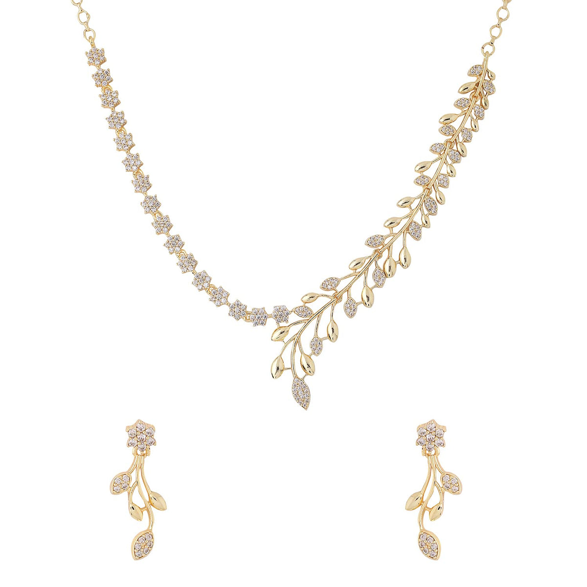 Yellow Chimes Jewellery Set for Women and Girls American Diamond Jewellery Set | Gold Tone Leaf Designed White AD Necklace Set | Birthday Gift for girls and women Anniversary Gift for Wife
