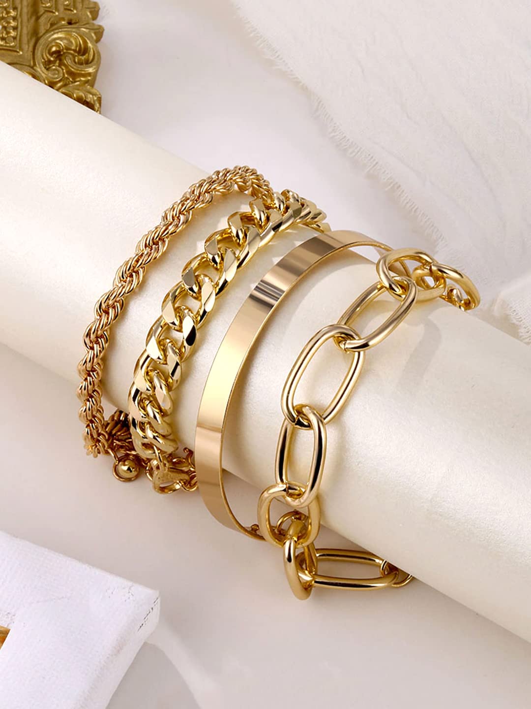 Yellow Chimes Combo Bracelets for Women 4 Pcs Gold Plated Bracelet Multilayer Stack Style Chain Bracelets Set for Women and Girls