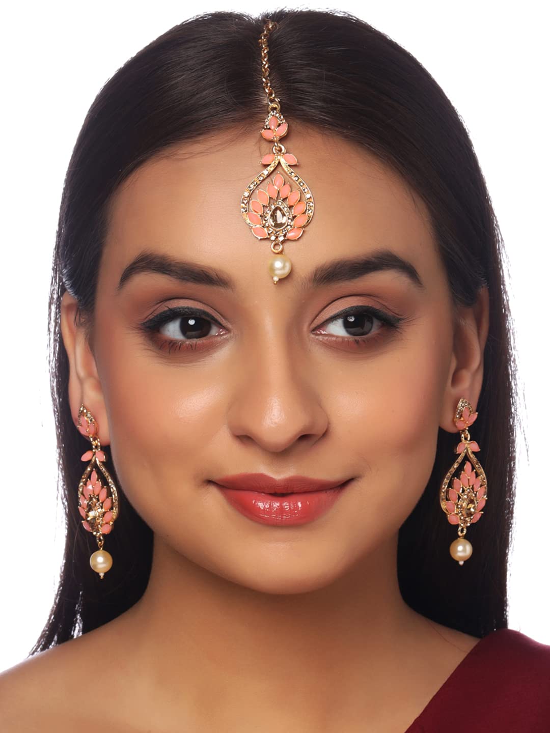 Yellow Chimes Mangtika and Earring Set for Women Gold-Plated Pink Stone-Studded Leaf Design Earrings With Maangtikka For Women and Girls