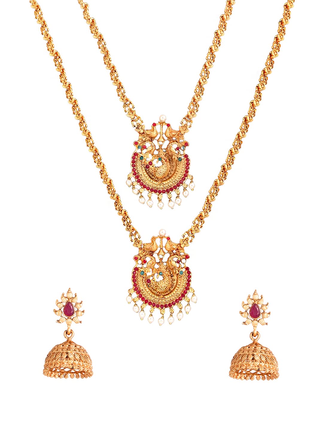 Yellow Chimes Ethnic Gold Plated Peacock Design Traditional Choker Long Haram Necklace Set Jewellery Set for Women and Girls, Medium (YCTJNS-68DULPCK-GL)