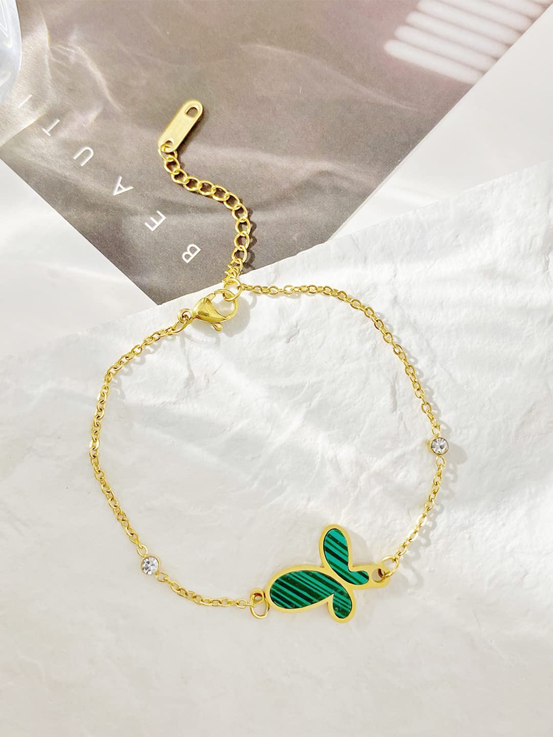 Yellow Chimes Bracelet for Women Stainless Steel Gold Plated Green Butterfly Charm Bracelet for Women and Girls