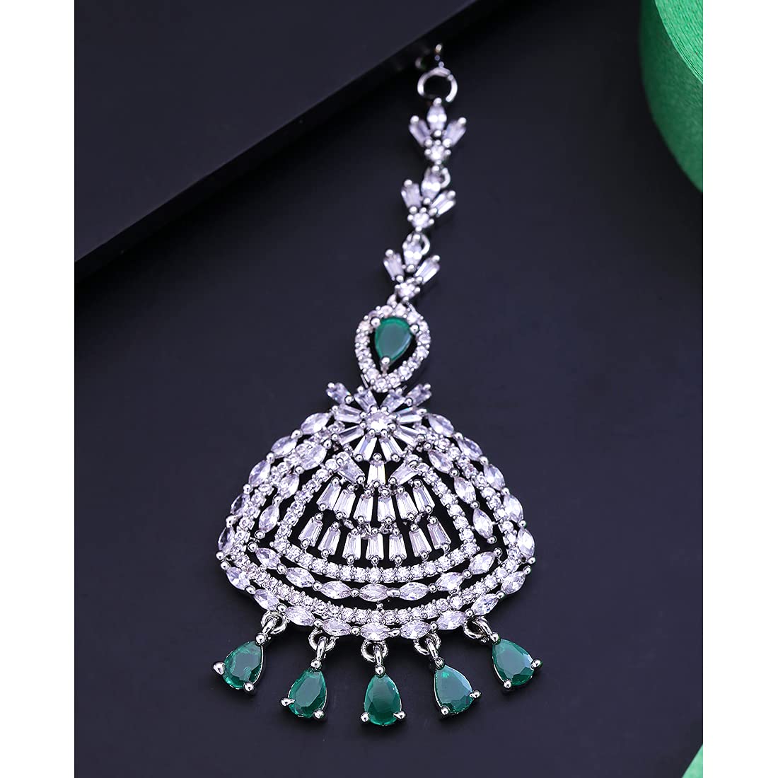 Yellow Chimes Maang Tikka for Women American Diamond Maang Tikka Rhodium Plated High Grade White AD Jewellery Maang Tikka for Women and Girls.