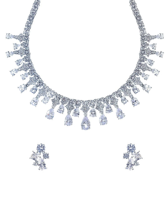 Yellow Chimes Jewellery Set for Women Rhodium Plated White Real Cubic Zircon Necklace Set Floral Design Classic CZ Jewellery Set For Women and Girls.