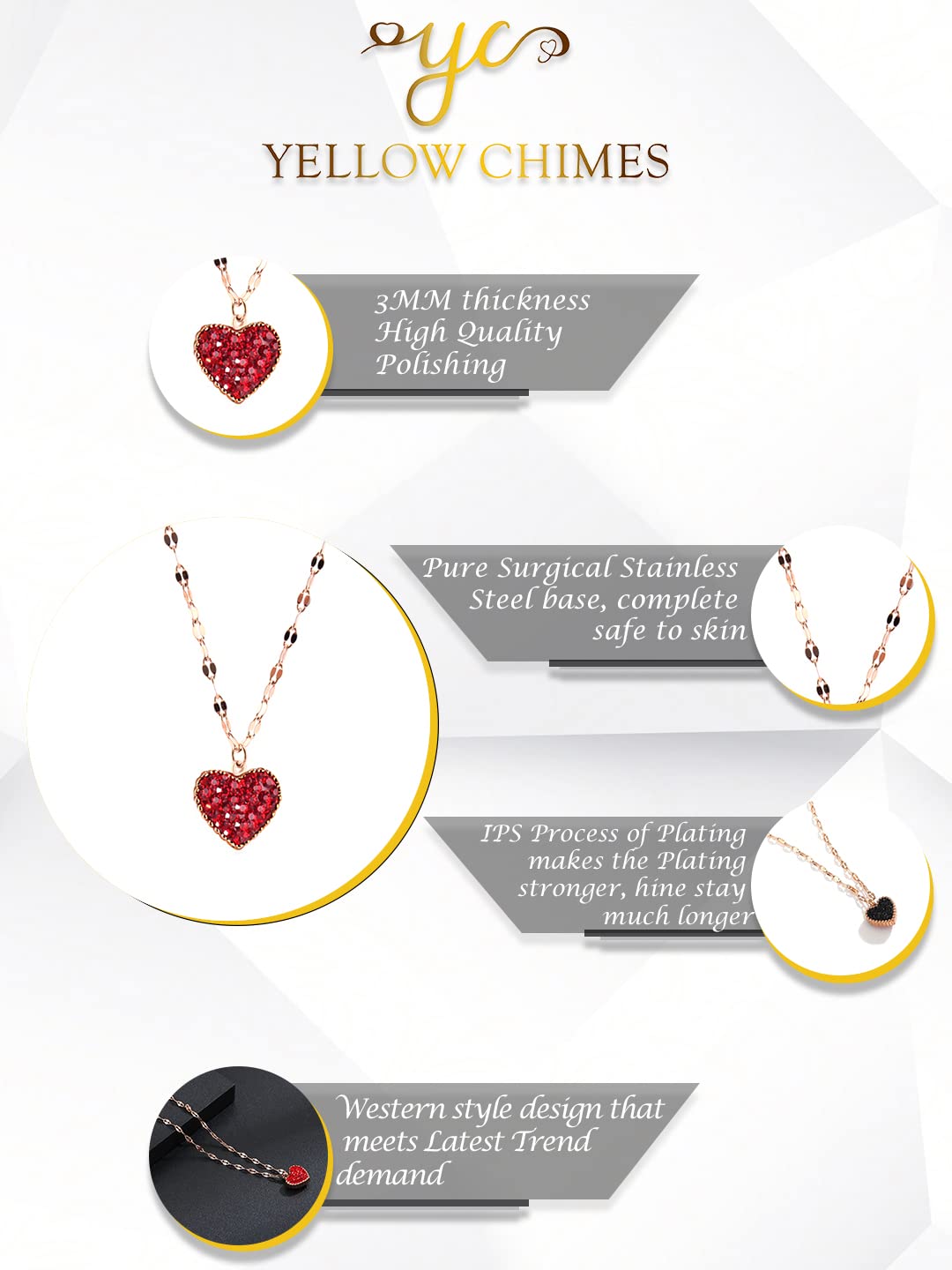 Yellow Chimes Heart Pendant for Women Statement Style Rose Gold Plated Black Red Heart Chain Pendant Necklace for Women and Girls