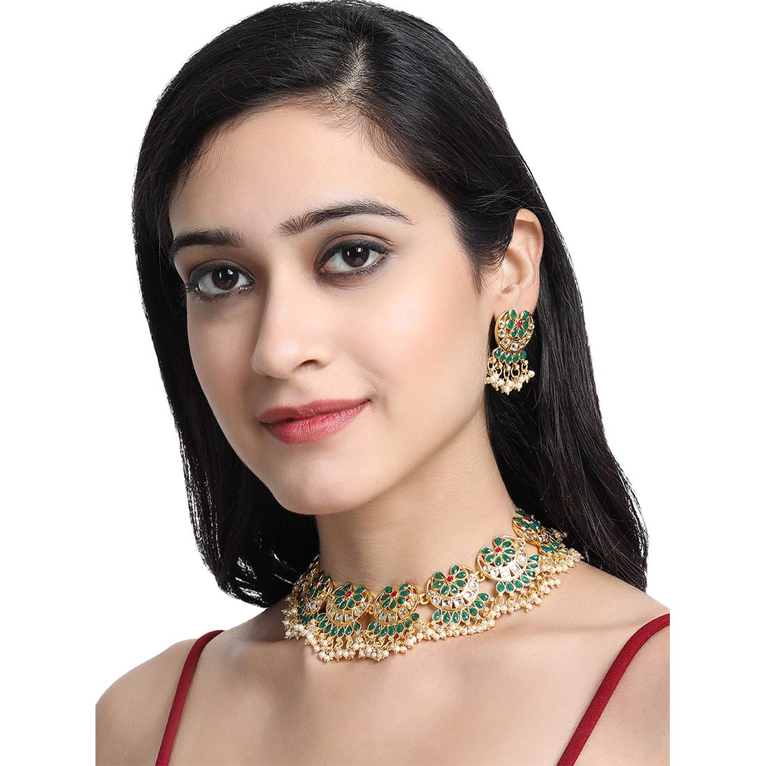 Yellow Chimes Ethnic Handcrafted Green Beads Floral Kundan Jewellery Set Gold Plated Traditional Choker Necklace Set for Women and Girls (Green, Gold)