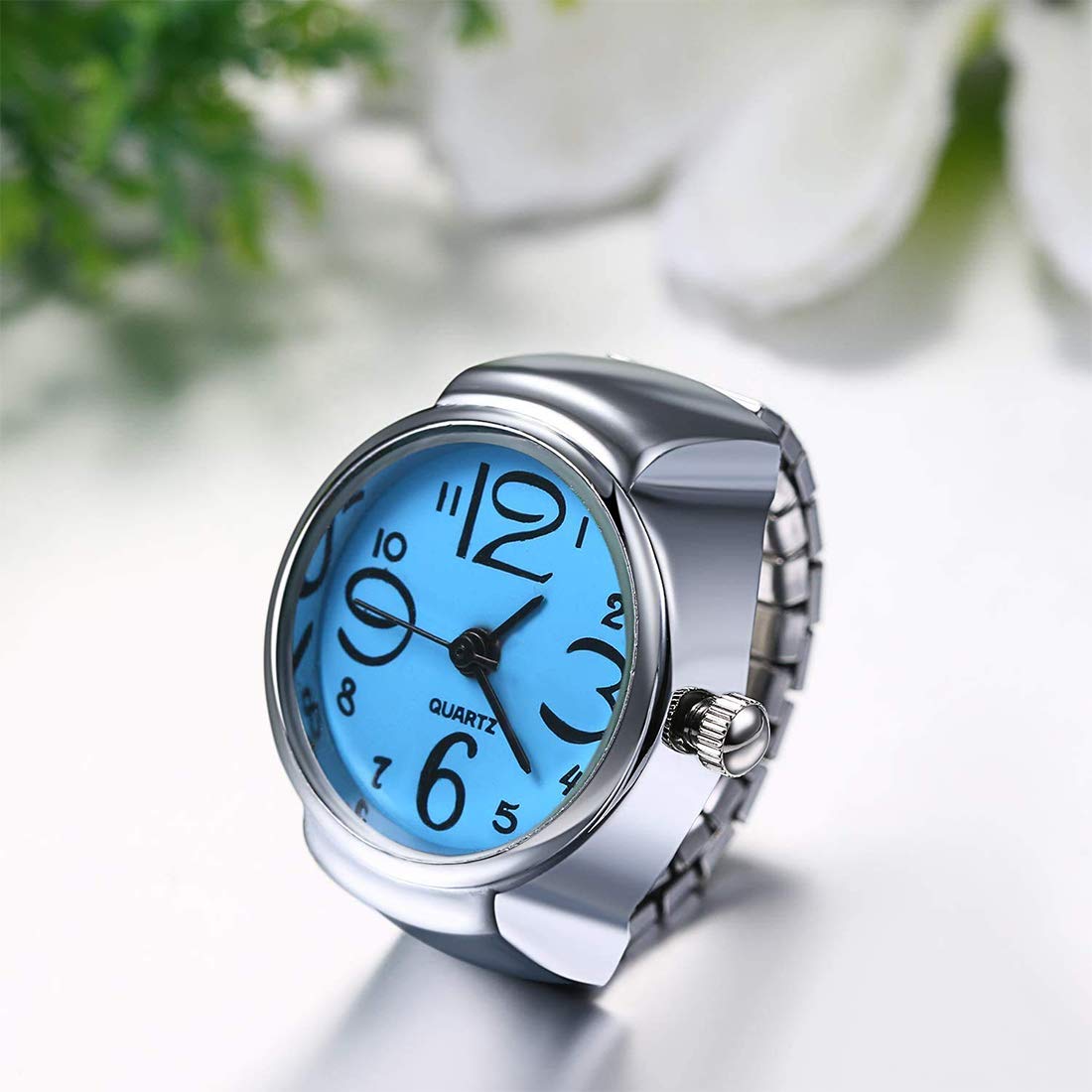 Women's Flower Print Finger Ring Watches Elastic Band Quartz Analog Watch  Gift | eBay
