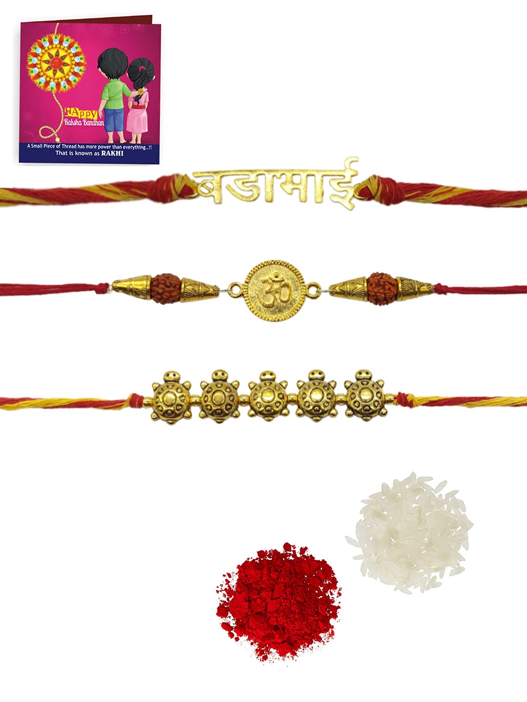 Yellow Chimes Handmade Dori Worked Gold Toned OM Tortoise Design Bada Bhai Engraved Rakhi Bracelet for Brother with Roli & Chawal, Red, Gold, Medium (YCTJRK-13BHAY-GL) Combo of 3 Pieces for Men/Boy