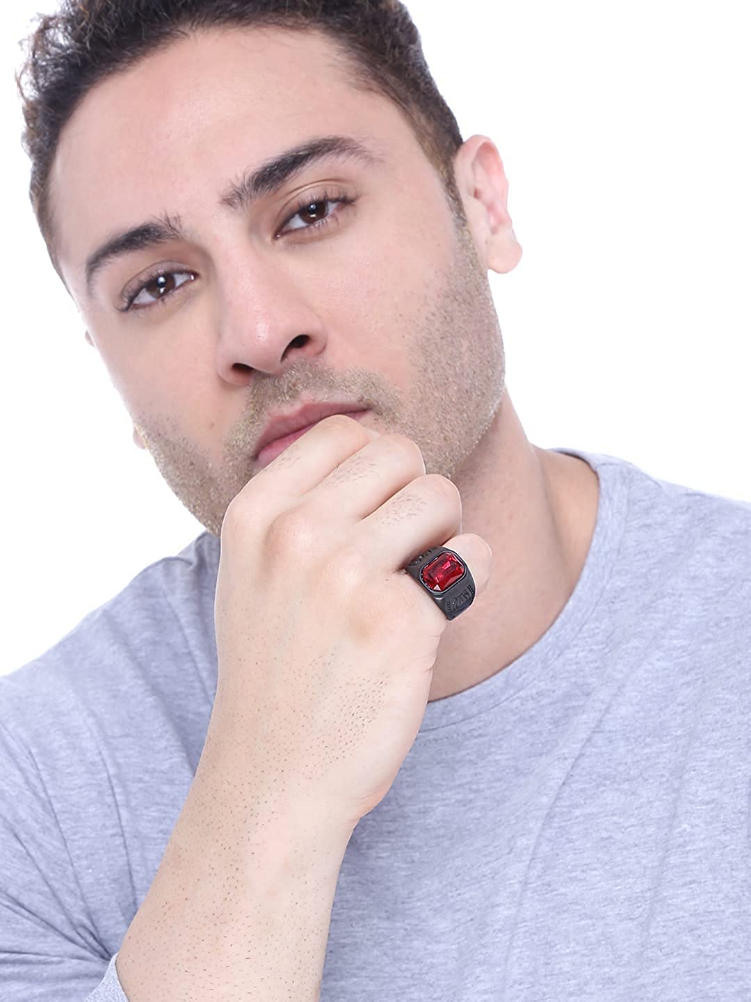 Yellow Chimes Elegant Stainless Steel Western Red Stone Studded Black Ring for Men and Boys (YCFJRG-206SQSTN-RD)