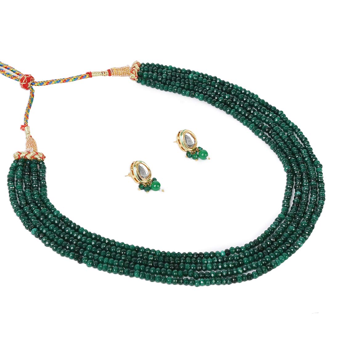 Yellow Chimes Classic Design Five Layers Emerald Green Onyx Stone Beads Semi Precious Gemstone Necklace Set with Earrings for Women & Girls