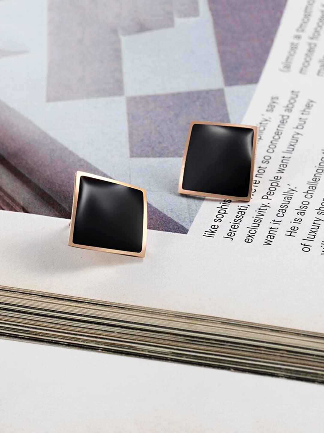 Yellow Chimes Stud Earrings for Women Western Rose Gold Plated Stainless Steel Black Square Stud Earrings For Women and Girls