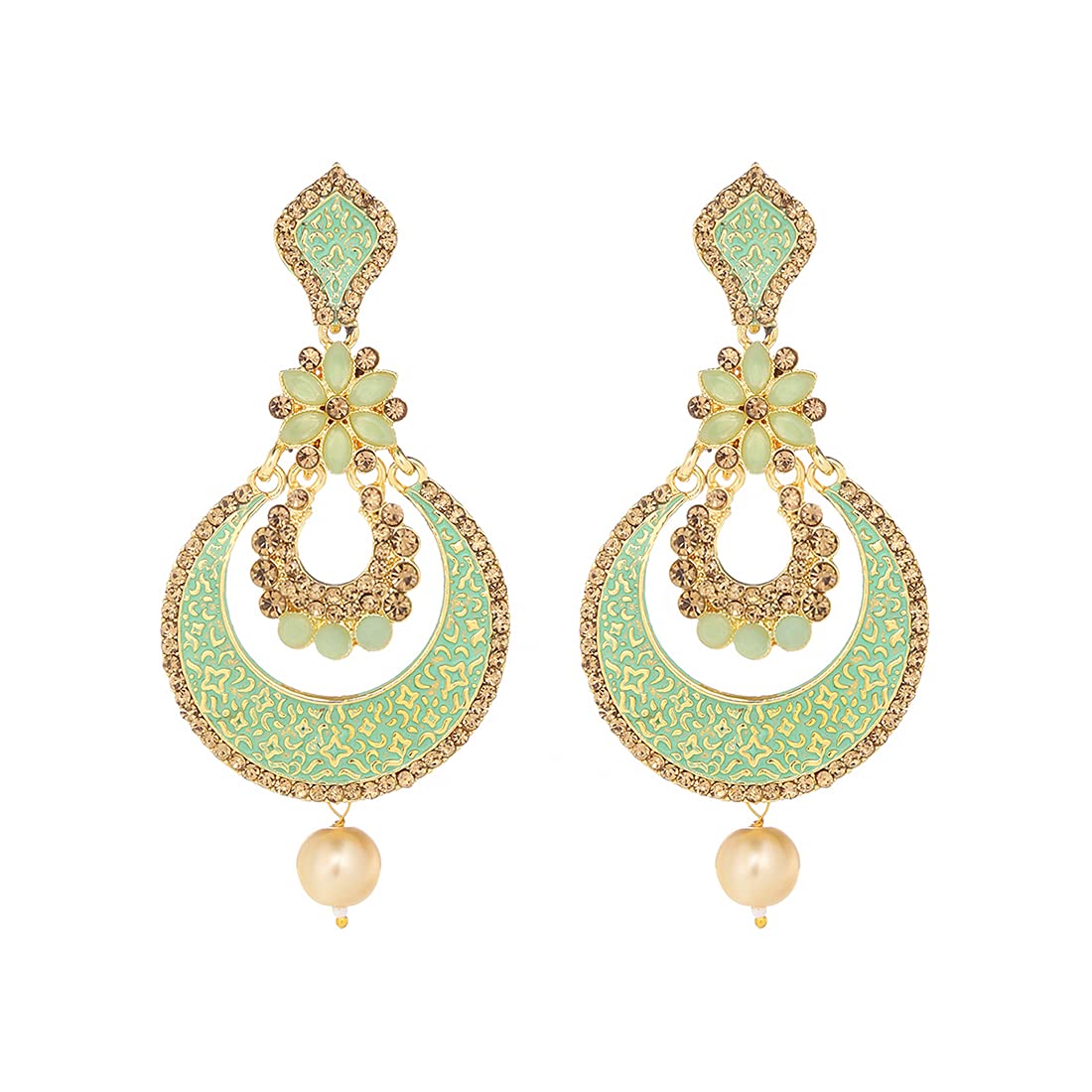 Yellow Chimes Chandbali Earrings for Women Gold Plated Flower Design Green Meenakari Pearl Chand bali Earrings for Women and Girls