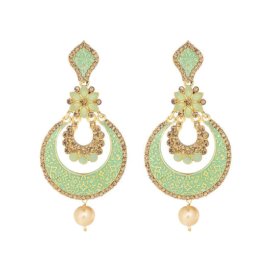 Yellow Chimes Chandbali Earrings for Women Gold Plated Flower Design Green Meenakari Pearl Chand bali Earrings for Women and Girls