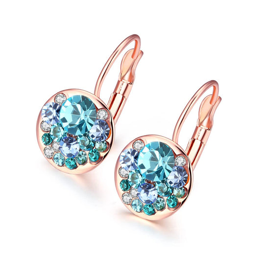 Kairangi Earrings for Women and Girls | Blue Crystal Stone Radiant Clip on Drop Earring | Elegant Rose Gold Plated | Round shaped Drops | Birthday Gift for Girls and Women Anniversary Gift for Wife