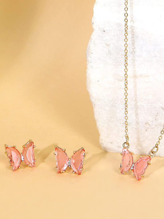 Yellow Chimes Latest Fashion Gold Plated Butterfly Crystal Pink Pendant Set With Earrings for Women and Girls