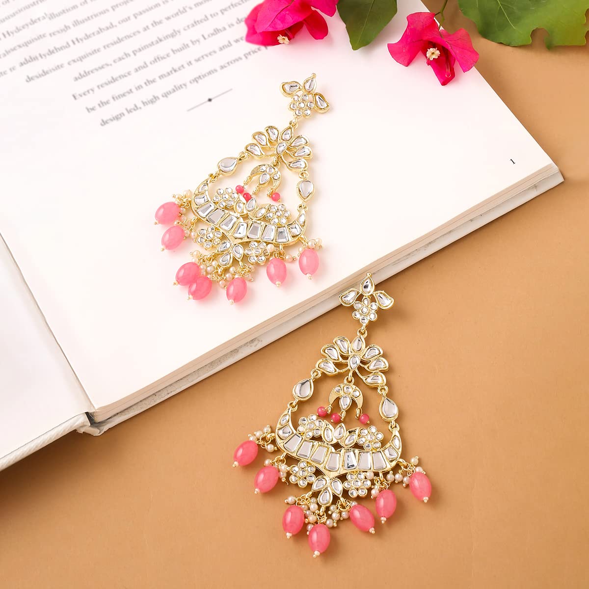 Yellow Chimes Earrings for Women Gold Toned Kundan Studded Traditional Pink Beads Long Dangler Earrings for Women and Girls