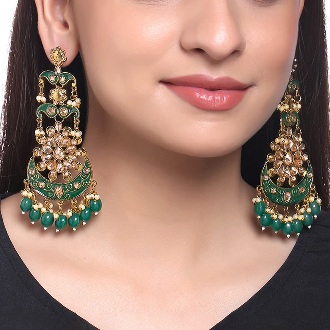 Yellow Chimes Danglers Earrings for Women Gold Plated Green Meenakari Traditional Kundan Floral Long Chandbali Earrings for Women and Girls