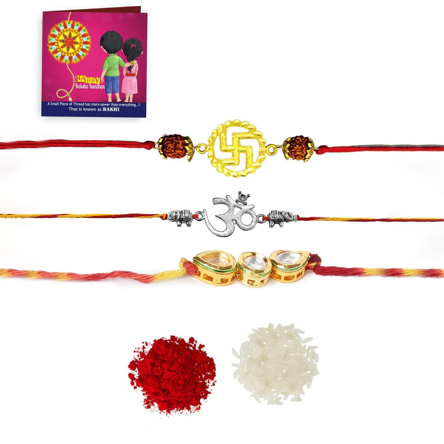 Yellow Chimes Rakhi for Brother | Combo of 3 Rakhi Set for Brother | Traditional Gold and Silver Plated Kundan Rakhi Set for Brother and Sister| Rakhi with Roli, Chawal and Greeting Card