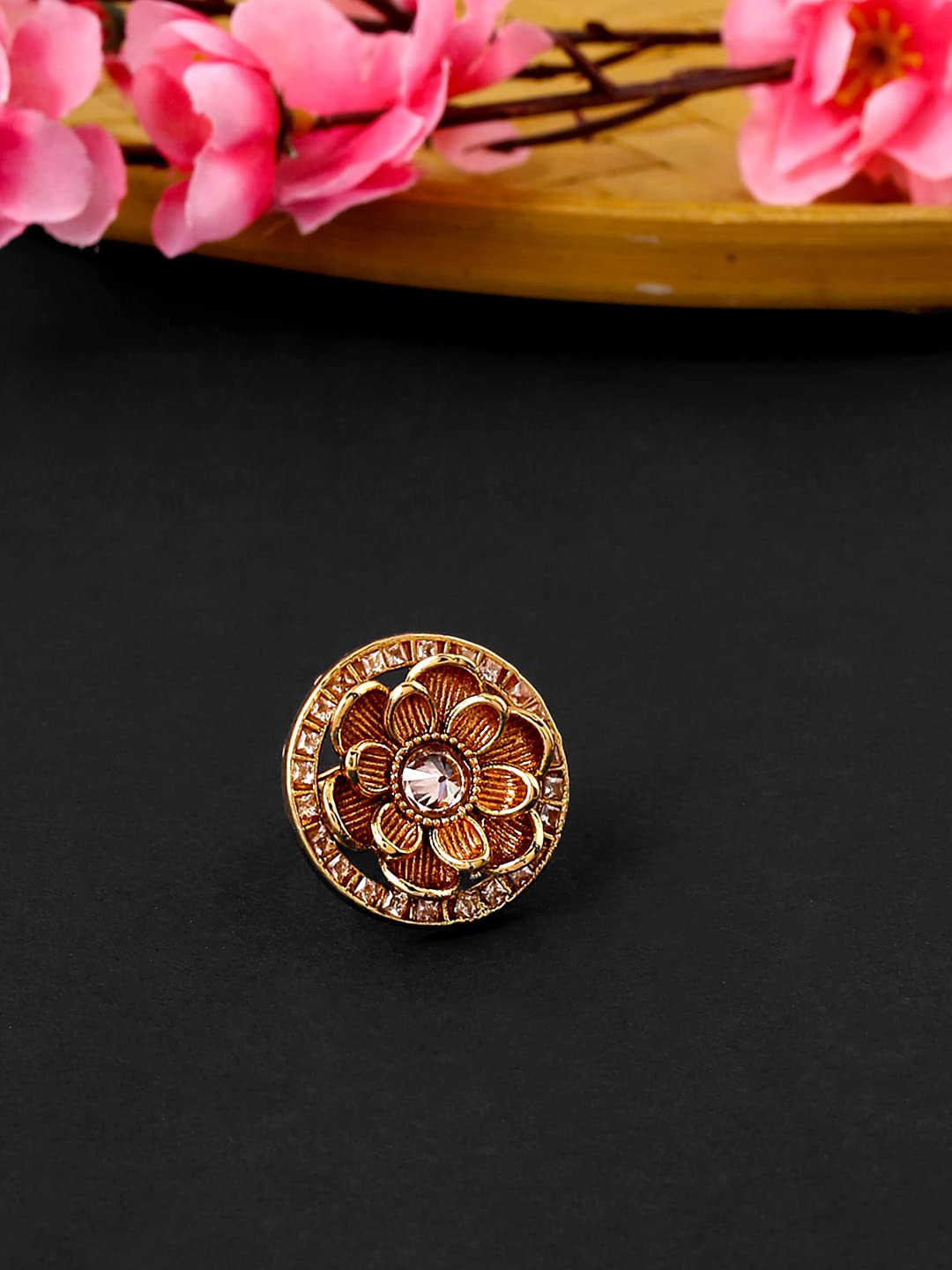 Yellow Chimes Ring for Women Gold Toned Floral Deisgned Crystal Studded Adjusatble Ring for Women and Girls