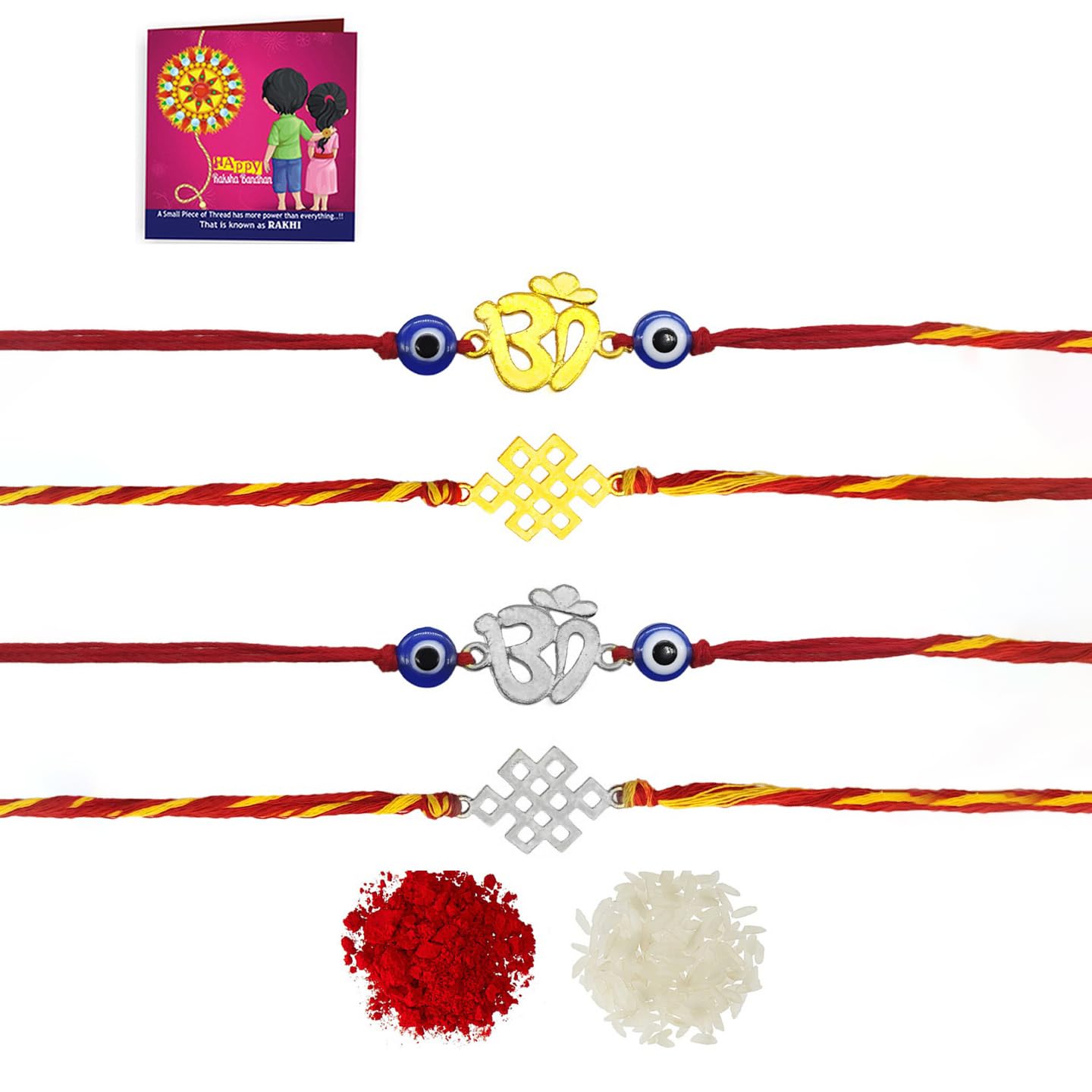 Yellow Chimes Rakhi for Brother | Combo of 4 Rakhi Set for Brother | Traditional Gold and Silver Plated Rakhi Set for Brother and Sister| Rakhi with Roli, Chawal and Greeting Card