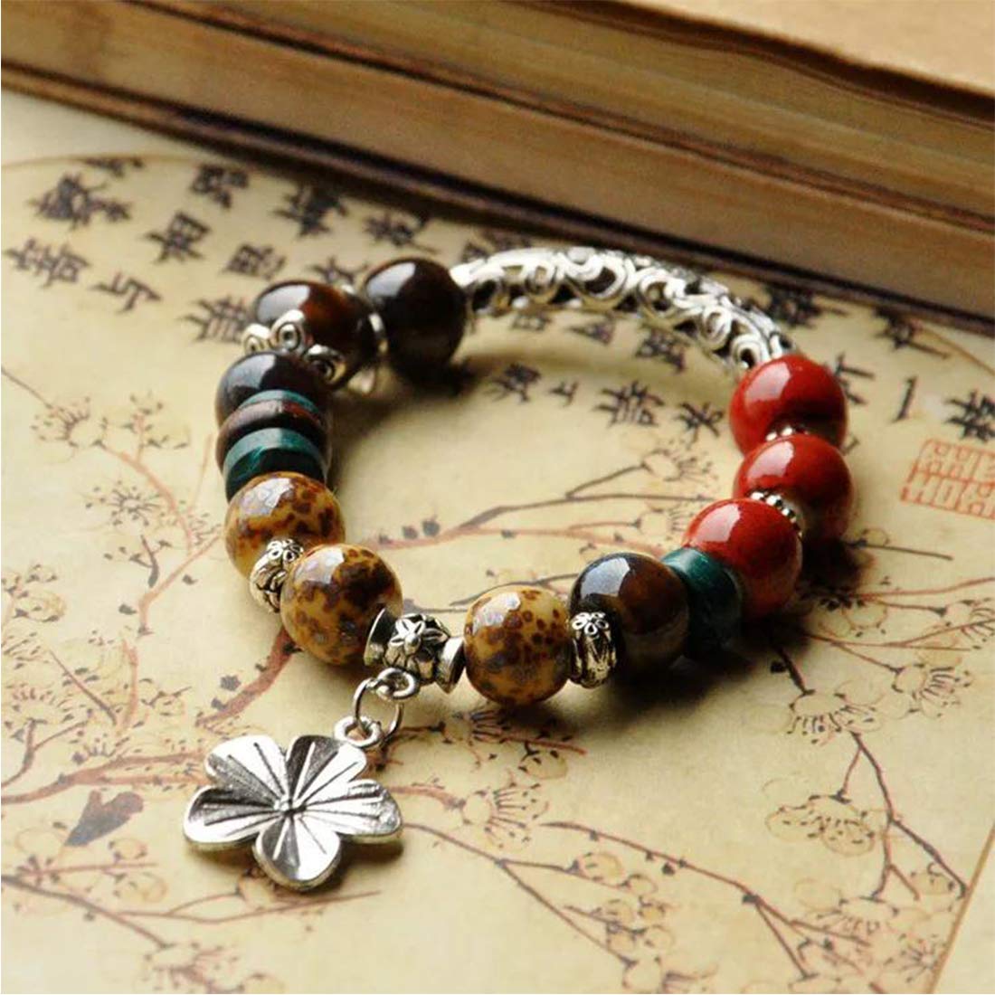 Yellow Chimes Beads Bracelet for Women Girls Natural Ceramic Beads Floral Blossom Charm Stretchable Braceler for Women and Girl's