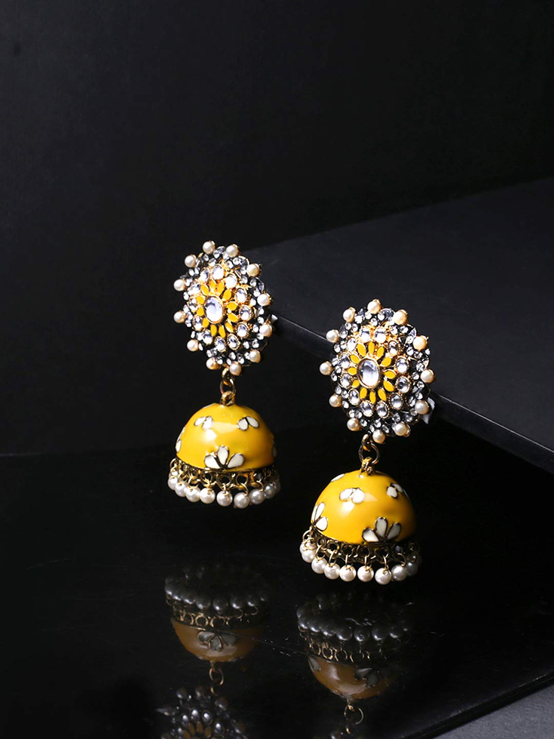 Yellow Chimes Meenakari Gold Toned Traditional Yellow Jhumka/Jhumki Earrings for Women & Girls (Yellow)