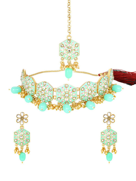 Yellow Chimes Ethnic Gold Plated Studded Kundan Meenakari Jewellery Set Traditional Choker Necklace Set for Women and Girls