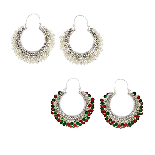 Yellow Chimes Combo Of 2 Pair's Latest Fashion Trendy Look Beautiful Design Silver Plated Pearls Hoop Earring Sets for Women and Girls