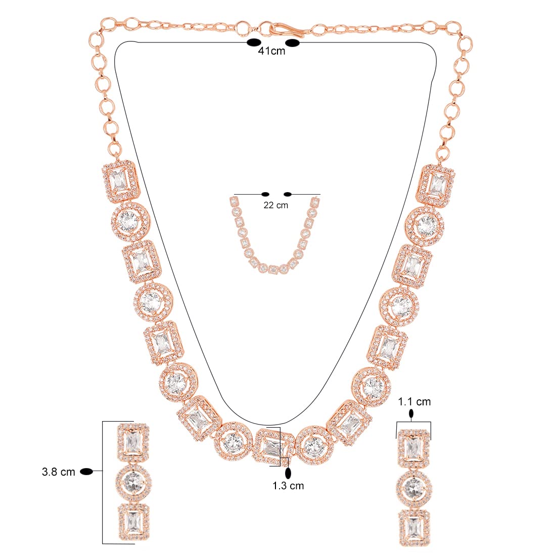 Yellow Chimes Classic AD/American Diamond Studded Rose Gold Plated Square Oval Designed Necklace Set Jewellery Set for Women and Girls, White, Medium (YCADNS-16OVLSQR-RG)