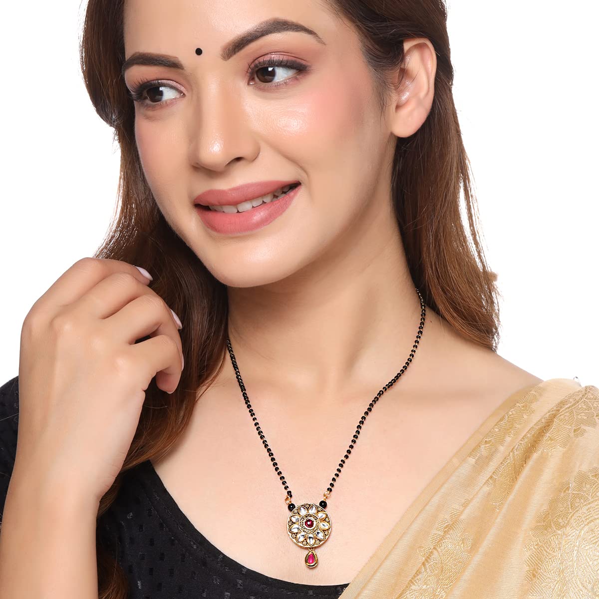 Yellow Chimes Mangalsutra for Women Traditional Black Beads Mangalsutra | Gold Plated Mangalsutra | Circle Charm Nallapusalu Chains for Women| Anniversary Gift for Wife Birthday Gift for Women & Girls