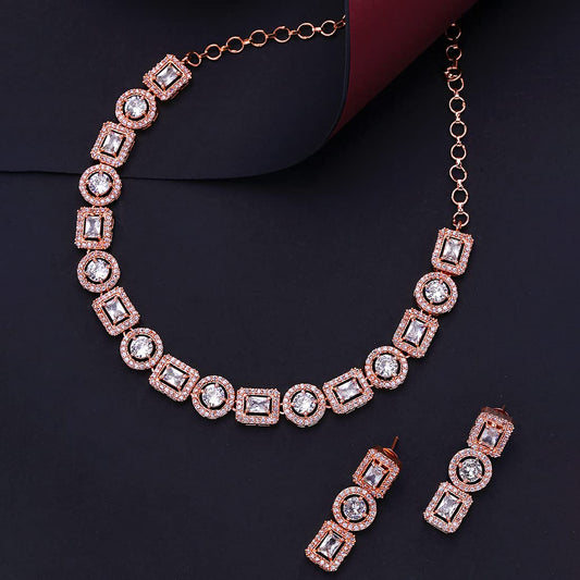 Yellow Chimes Classic AD/American Diamond Studded Rose Gold Plated Square Oval Designed Necklace Set Jewellery Set for Women and Girls, White, Medium (YCADNS-16OVLSQR-RG)