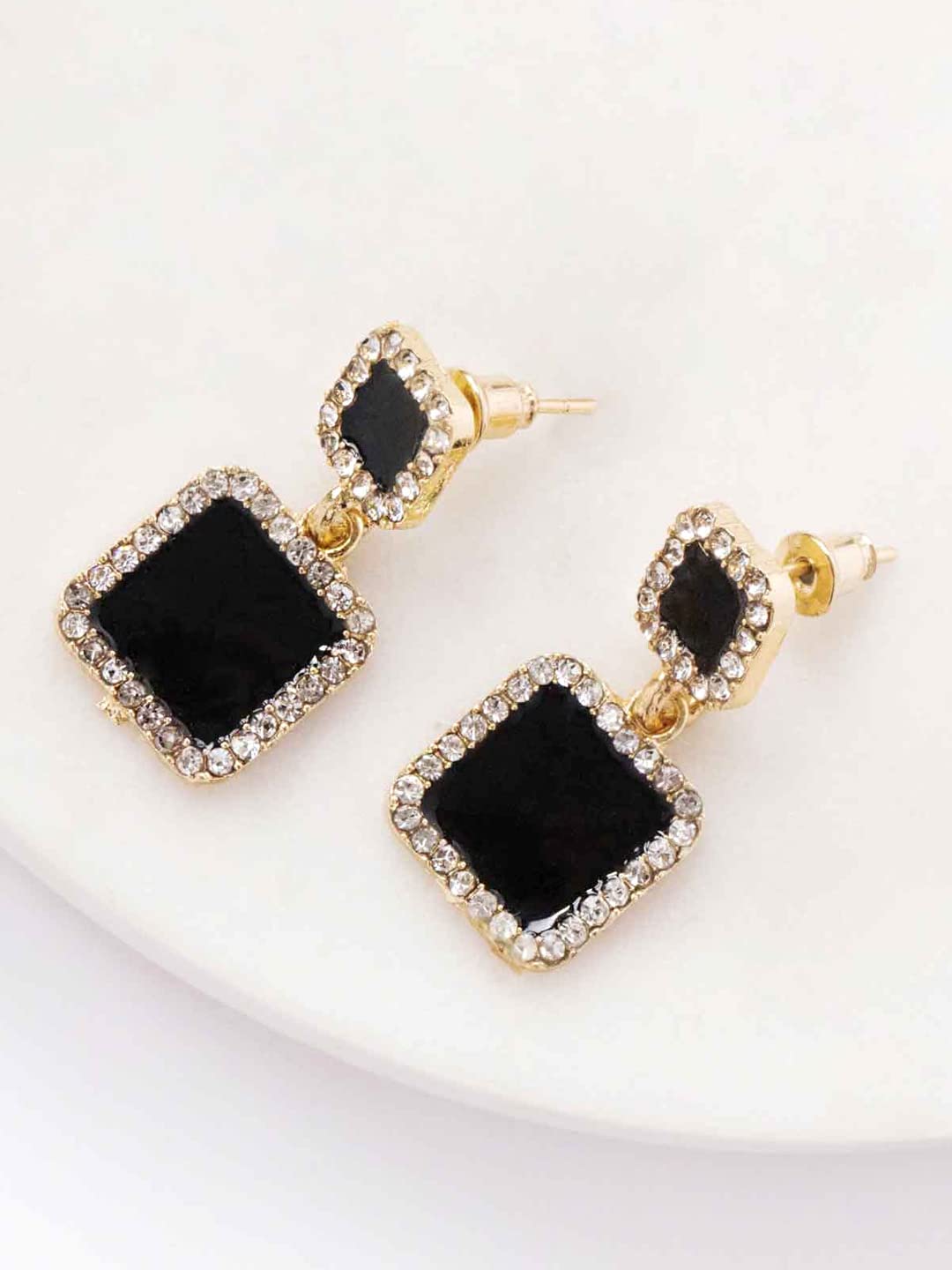 Yellow Chimes Earrings For Women Gold Tone Crystal Black color Rectangular Shape Stud Drop Earrings For Women and Girls