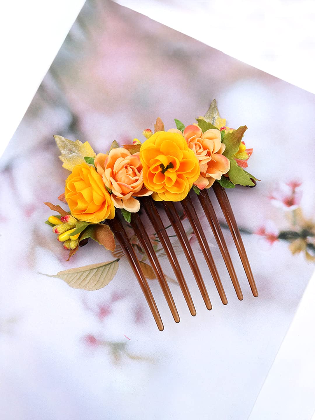 Yellow Chimes Comb Pin for Women Hair Accessories for Women Floral Hair Pins for Women Artificial Floral Hair Pin Bridal Hair Accessories for Wedding Side Pin/Hair Clip/Juda Pin Accessories for Women