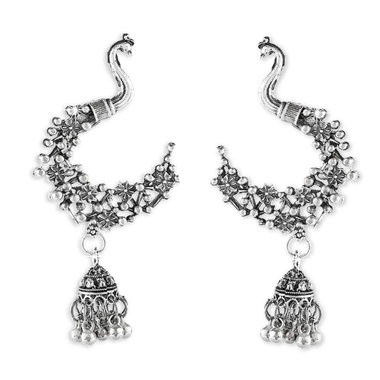 Yellow Chimes Handmade Peacock Carved Oxidized Silver Plated Jhumka Jhumki Earrings for Women and Girls