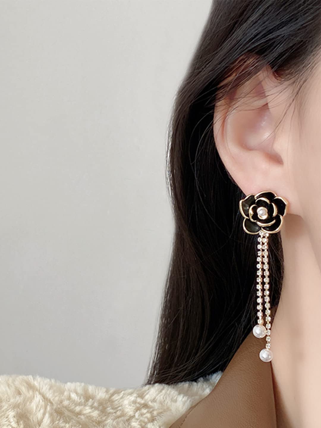 Yellow Chimes Earrings For Women Black Flower Stud With Linear Chain Hanging Pearl Drop Dangler Earrings For Women and Girls