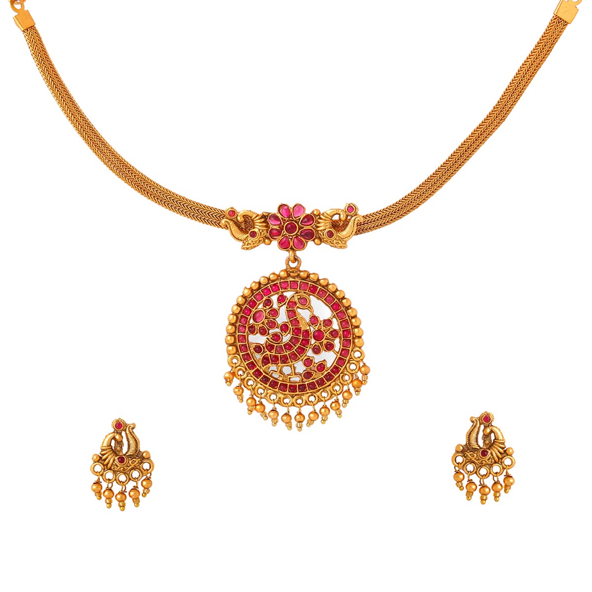 Yellow Chimes Jewellery Set for Women and Girls Traditional Red Kundans Necklace Set | Gold Plated Peacock Designed Necklace Set | Birthday Gift for girls and women Anniversary Gift for Wife