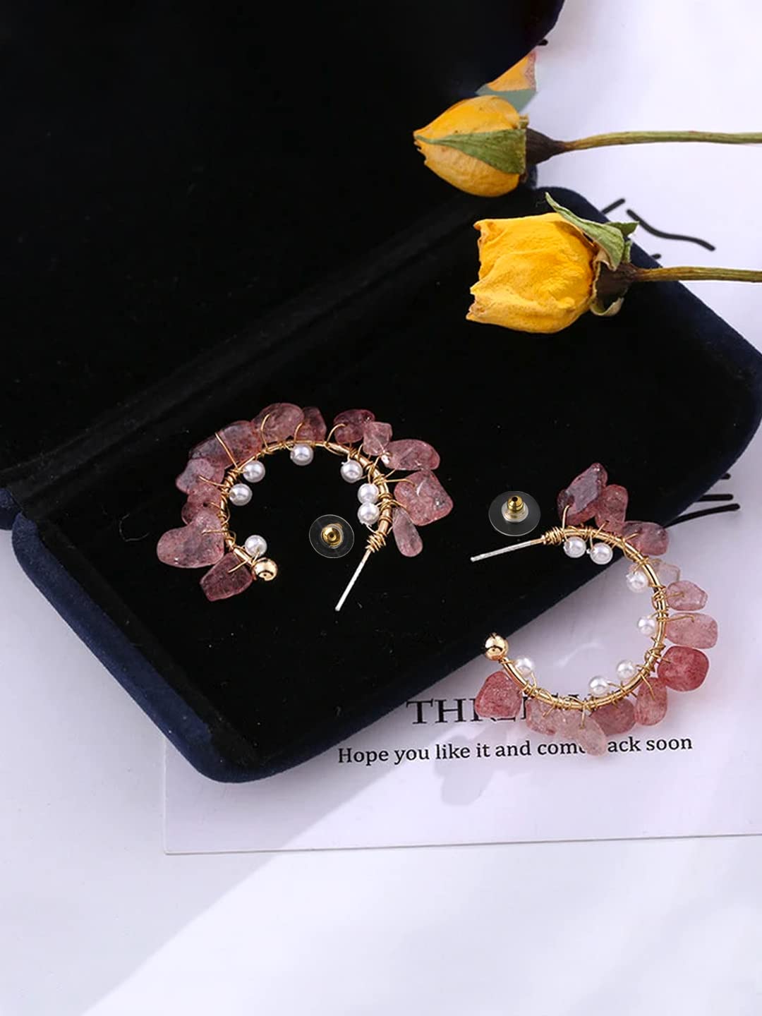 Yellow Chimes Earrings For Women Gold Tone Pink and White Stone Studded Round Half Bali Clip On Hoop Earrings For Women and Girls