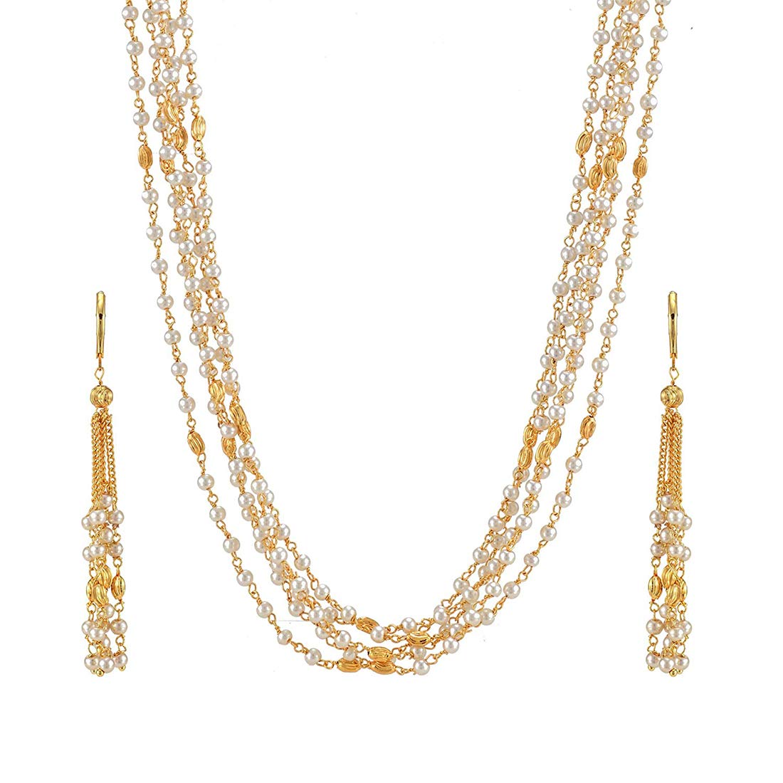 Yellow Chimes Golden Jewellery Set for Women White Pearl Multi-Layer Jewellery Gold Plated Traditional Long Chain Necklace Set for Women and Girls