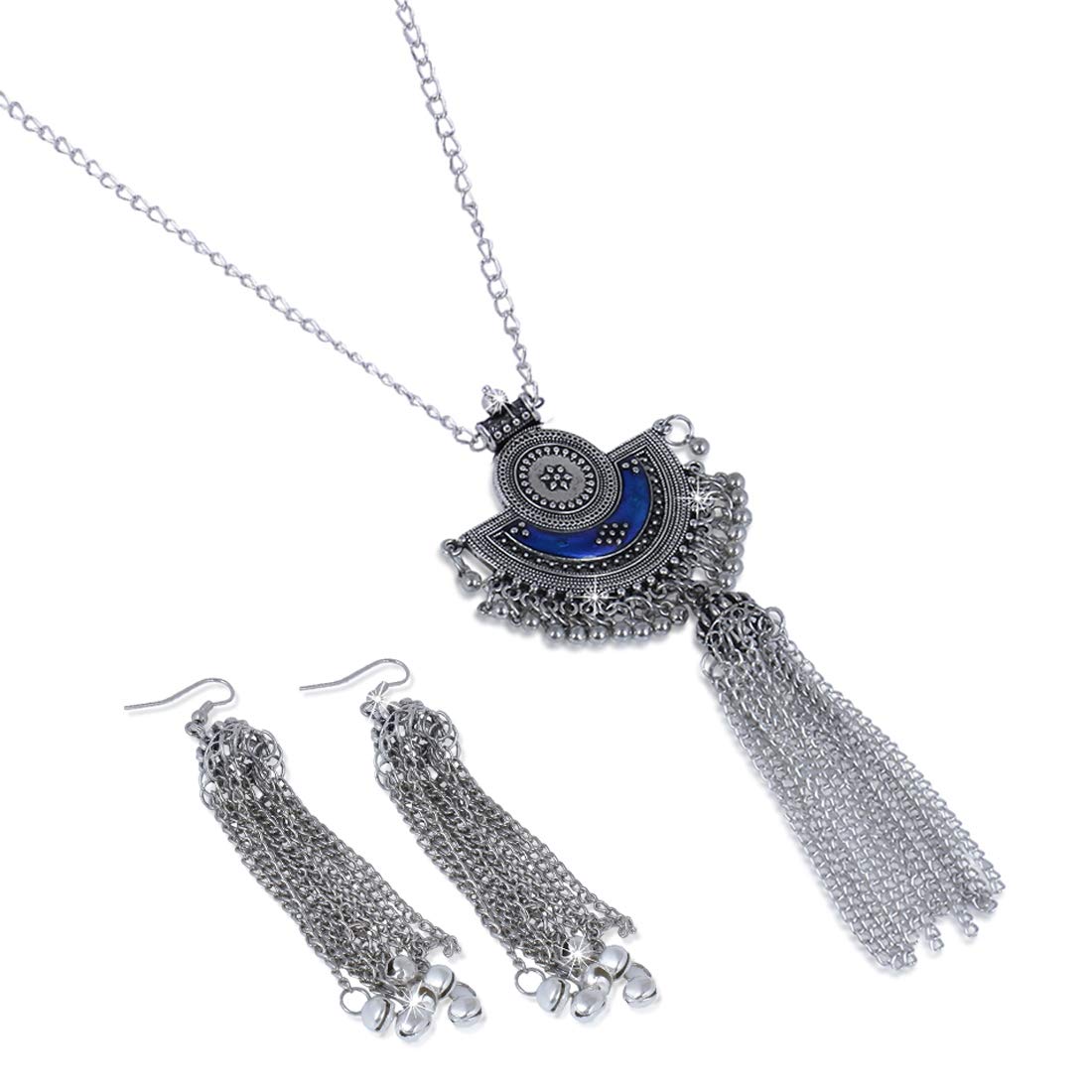 Yellow Chimes Stylish Crafted Royal Blue Meenakari Oxidized Silver Necklace Set with Earrings Oxidized Jewellery Sets for Women and Girls