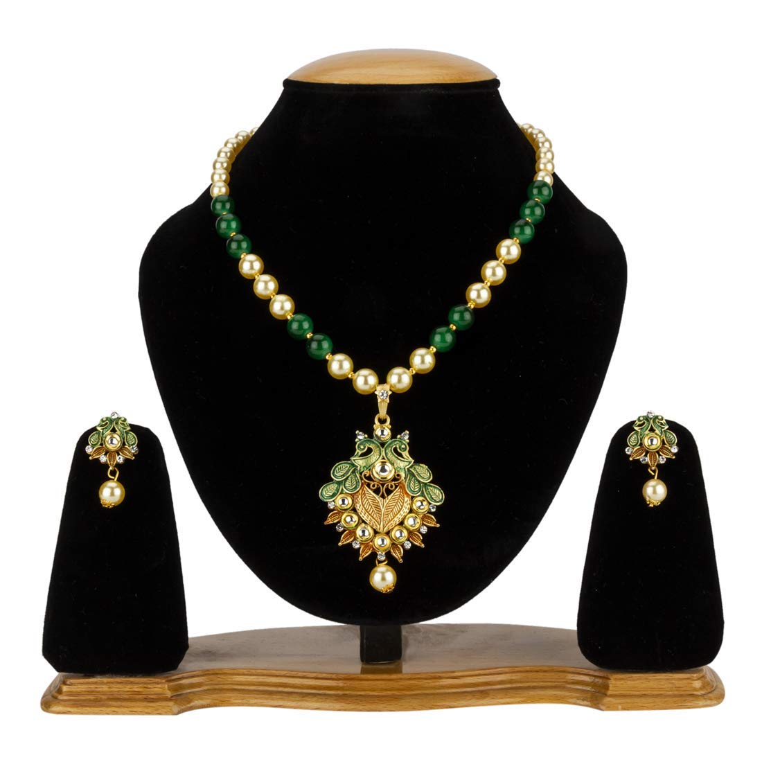 Yellow Chimes Exclusive Traditional Floral Peacock Desaign Pearl Kundan Necklace with Drop Earrings for Women