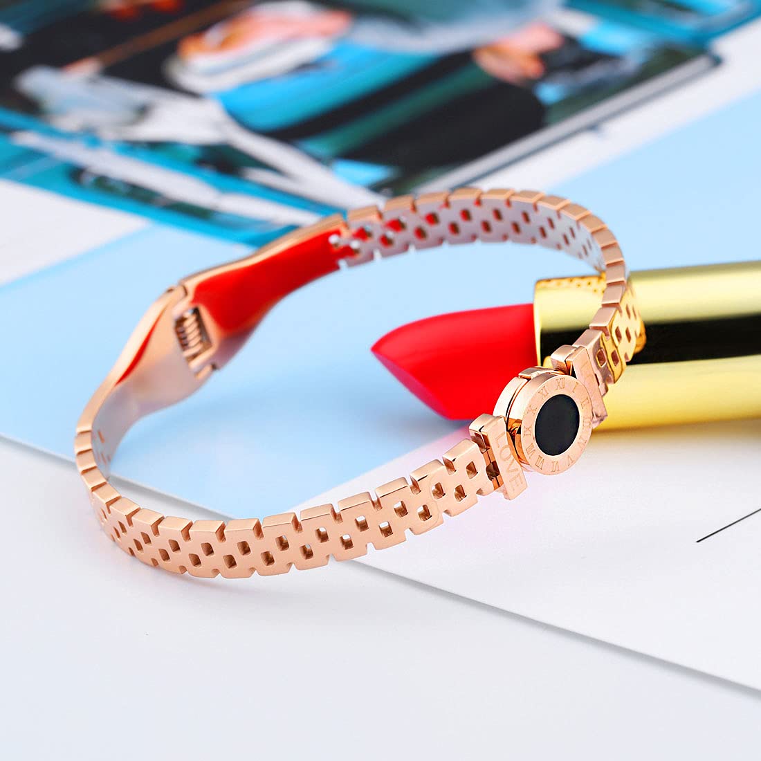 Yellow Chimes Bracelet for Women Stainless Steel Rose Gold Plated Statement Style Black Circle Design Kadaa Bracelet for Women and Girls.